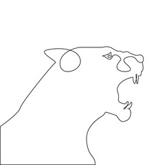 Minimalist One Line Head of Tiger or Lioness open mouth. Angry tiger head one line hand drawing continuous Vector Illustration. Free single line drawing of lioness or tiger. Line drawing animal tattoo