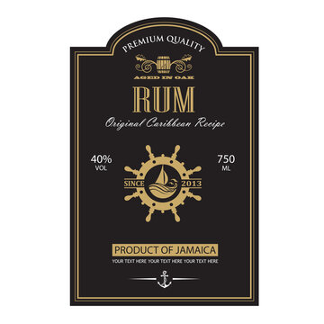 template rum label with yacht and helm in retro style