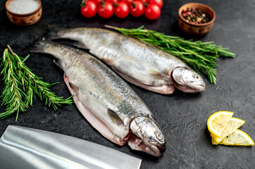 raw fish trout on a stone background.