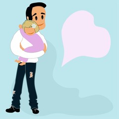Happy dad holds his beloved daughter in his arms. The baby hugs her father. Bubble for text. Dedicated to the day of dads. Vector illustration with place for text.
