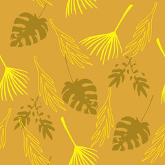 Fototapeta na wymiar Trendy Tropical Vector Seamless Pattern. Feather Dandelion Banana Leaves Monstera Tropical Seamless Pattern.