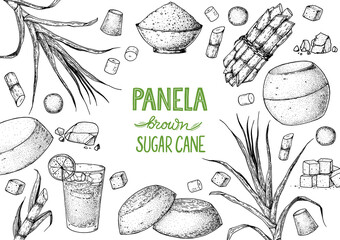 Panela sugar sketch. Hand drawn vector illustration. Vintage design template. Cane sugar. Gur or jggery powder. Organic unrefined. Vintage Design for packaging.