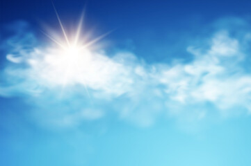 Naklejka na ściany i meble Realistic sky template with transparent cloud and sun. Blue background. Light effect. Realistic vector illustration.