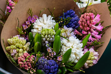 Beautiful tender blossoming of fresh cut bouquet of Hyacinths. Floral composition for romantic gift
