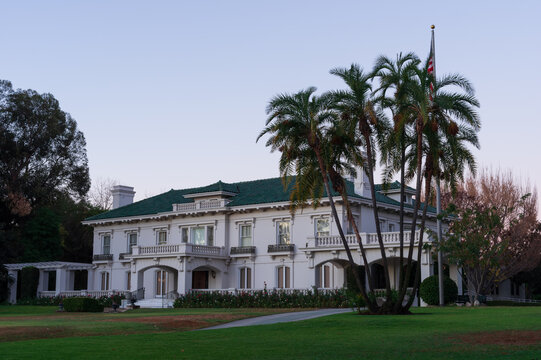 Pasadena, California, USA - December 18, 2020:  image showing the landmark Wrigley Mansion or Tournament House, permanent headquarters for the Tournament of Roses.