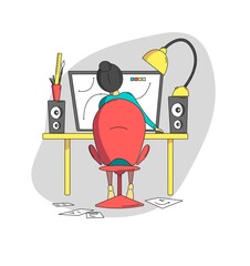 The work of a graphic designer. The girl works at the computer in a vector editor.