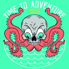 Illustration vector tropical surf skull with text fashion design