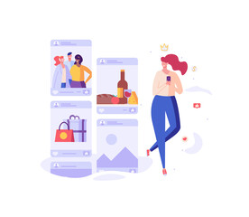 Girl sharing stories with life moments in social network. Successful blogger making post in internet. Social media influencer creating quality content. Vector illustration in flat design for web, app