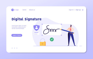 Businessman signing contract with digital pen on phone. Digital signature, business contract, electronic contract, e-signature concept. Vector illustration in flat design for web banner, mobile app