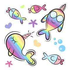 unicorn whale set, rainbow whales. © Мария Воротынцева