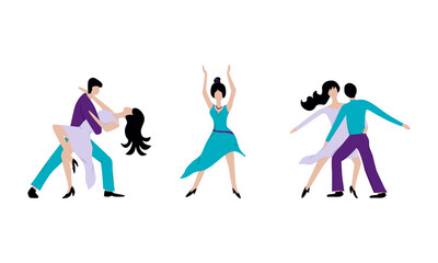 Vector illustration of isolated silhouettes of dancing people for banner, poster, invitation, logo, advertisement design or print. Flat drawings of two couples and one woman during the dance
