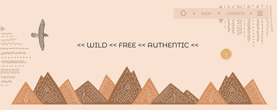 Banner, home page for website with vector eagle, mountains from wild west. Ethnic style, boho ornament.