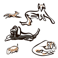 Cute yawning sleepy dog set. Collection of purebread dog of various breed sitting or lying. Funny domestic pet want to sleep. Group of animal. Isolated vector illustration in ink style