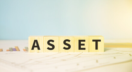 Asset- word from wooden blocks with letters, useful or valuable thing assets concept, financial concept.