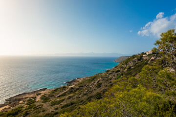 Beautiful Mediterranean landscape in Mirador de Sa Torre, Mallorca. Coastal cliff area with several...