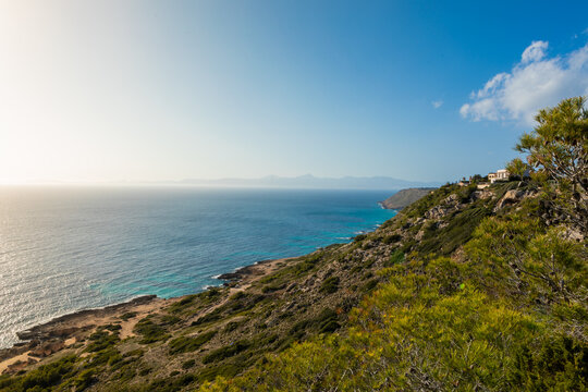 Beautiful Mediterranean landscape in Mirador de Sa Torre, Mallorca. Coastal cliff area with several coves. Excursion for sportsmen and nature lovers.