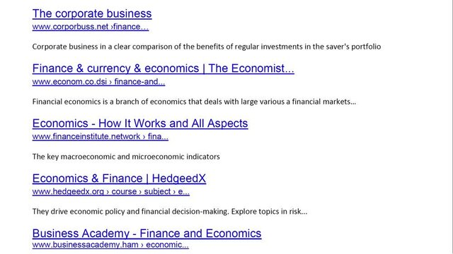 Internet search results for financial services and information with The links of imaginary no-existing websites move on display, close up.