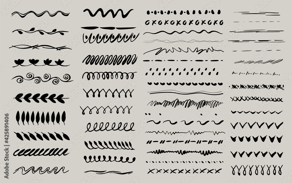 Poster Collection of hand drawn brushes, ornament. Set of wavy horizontal lines. Marker hand-drawn line border set and scribble design elements. 