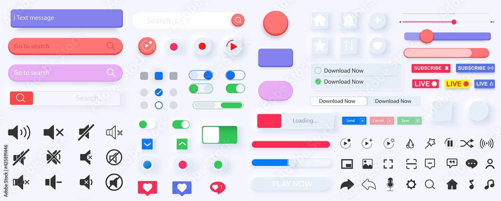 Poster user interface elements for mobile app in style neumorphic ui, ux set. ui music icons set. white des
