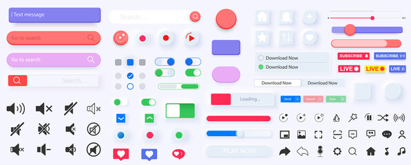 User interface elements for mobile app in style Neumorphic UI, UX set. UI music icons set. White design trendy minimalistic buttons creative. Vector illustration