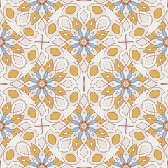 Fototapeta premium Abstract mandala fish scale seamless pattern. Ornamental tile, mosaic background. Floral patchwork infinity card. Arabic, Indian, ottoman motifs.