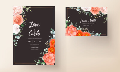 Elegant wedding invitation card decorated with beautiful orange flowers