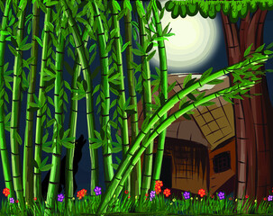 Grass flower bamboo and house night illustration