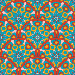 Abstract mandala fish scale seamless pattern. Ornamental tile, mosaic background. Floral patchwork infinity card. Arabic, Indian, ottoman motifs.