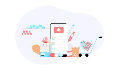 Landing page of Online pharmacy, healthcare, drugstore and e-commerce app concept. Vector of prescription drugs, first aid kit and medical supplies being sold online via web or smartphone application.
