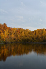 Fototapeta na wymiar Beautiful landscape in fall season with lake and yellow trees on its bank.
