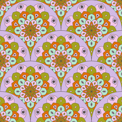 Abstract mandala fish scale seamless pattern. Ornamental tile, mosaic background. Floral patchwork infinity card. Arabic, Indian, ottoman motifs.