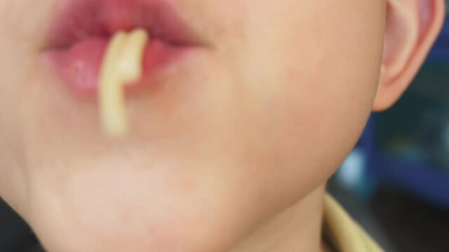 macro close up lips mouth sucking spaghetti string girl