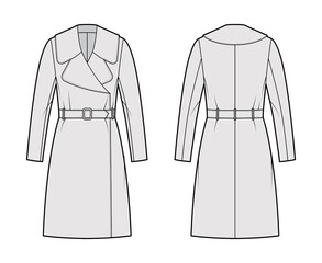 Belted coat technical fashion illustration with long sleeves, huge notched collar, oversized body, knee length. Flat jacket template front, back, grey color style. Women, men, unisex top CAD mockup