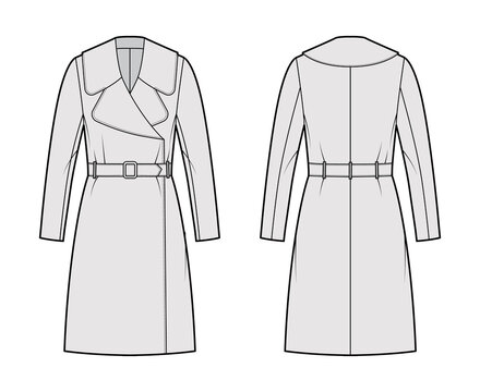 Belted coat technical fashion illustration with long sleeves, huge notched collar, oversized body, knee length. Flat jacket template front, back, grey color style. Women, men, unisex top CAD mockup