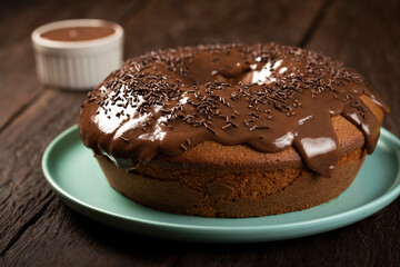 Homemade chocolate cake with chocolate sauce topping.