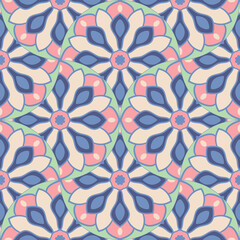 Abstract mandala fish scale seamless pattern. Ornamental tile, mosaic background. Floral patchwork infinity card. Arabic, Indian, ottoman motifs.