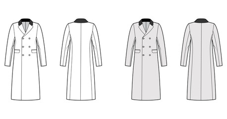 Chesterfield overcoat technical fashion illustration with double breasted, knee length, velvet notched collar. Flat jacket template front, back, white, grey color style. Women, men, unisex CAD mockup