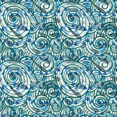 Abstract hand drawn doodle thin line wavy seamless pattern. Curly linear sky or sea messy background.