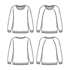 Set of Sweaters round neck technical fashion illustration with long raglan sleeves, oversized, hip length, knit rib cuff trim. Flat apparel front, back, white color style. Women, men unisex CAD mockup