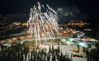 Aerial view of firework in the mountain resort