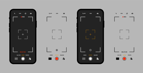 Photo camera mobile interface. Set of smartphone devices, video capture mode, viewfinder grid. Phone display in vector - obrazy, fototapety, plakaty