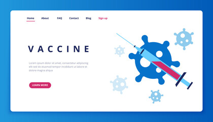 Vaccine coronavirus banner. Human care, pandemic prevention, medical injection. Covid antibodies, safety. Vector art
