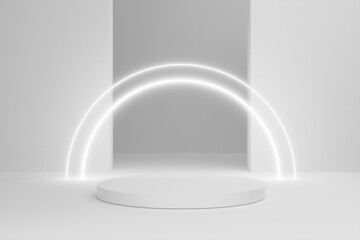Abstract white background. Minimal modern graphic design backdrop. Simple white geometric wallpaper. Futuristic empty room with neon light circle. 