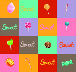 Different types of lollipops and colorful caramels on a fashionable background. A postcard, menu, or tag for a pastry shop. Inscriptions of delicious desserts.