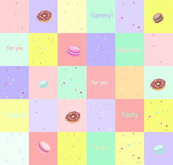 Infographic of types of desserts. Donut and macaroon. A trendy menu for a pastry shop with delicious inscriptions. Postcard, tag, dessert packaging.