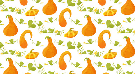 Orange pumpkin and leaves seamless pattern, vector illustration in cartoon style