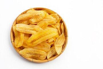 Banana slice chips on white background.