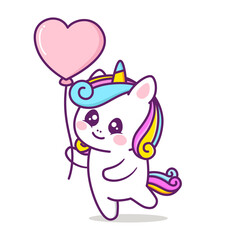 cute happy unicorn with heart balloon