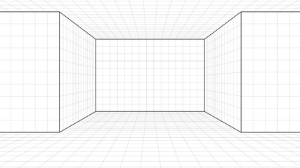 wide space room perspective grid paper, black lines, wide background template for 3d drawing