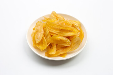 Banana slice chips on white background.